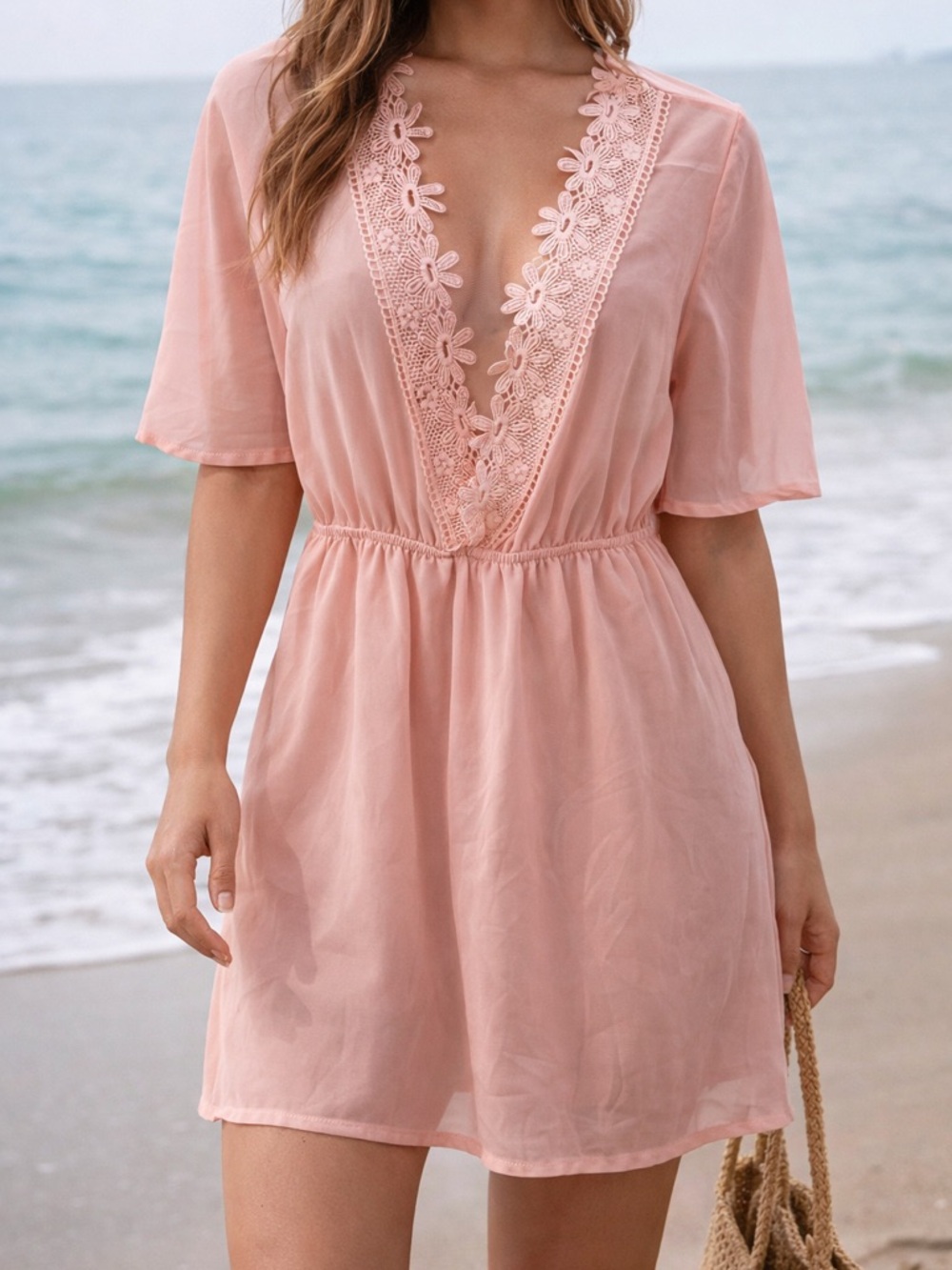 Blush Pink Lace-Trim Shein V-Neck Swim Cover-Up